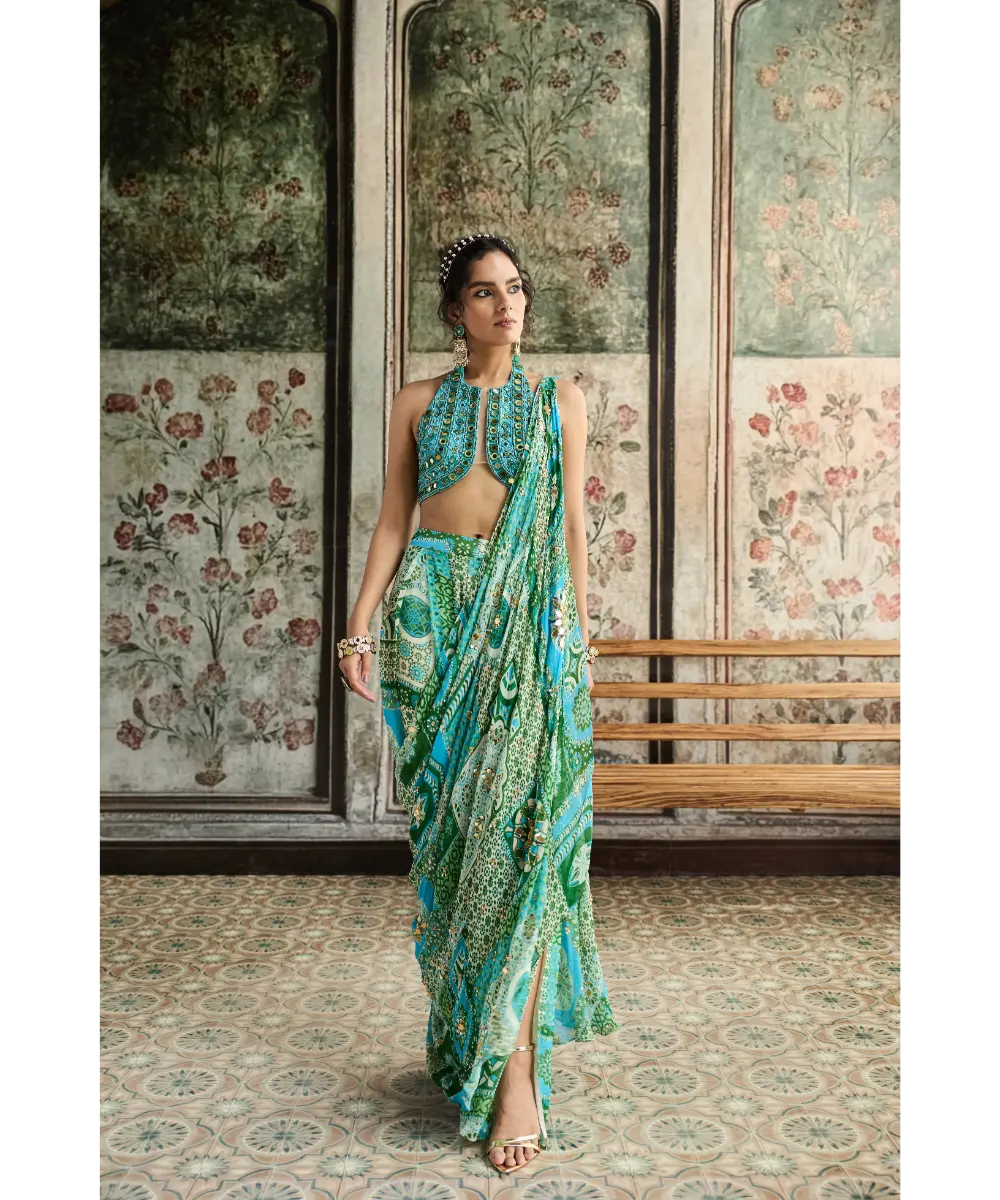 DIYARAJVVIR - Aqua Embroidered Blouse and Aqua Print and Highlighted Drape Box Pleat Pant Saree